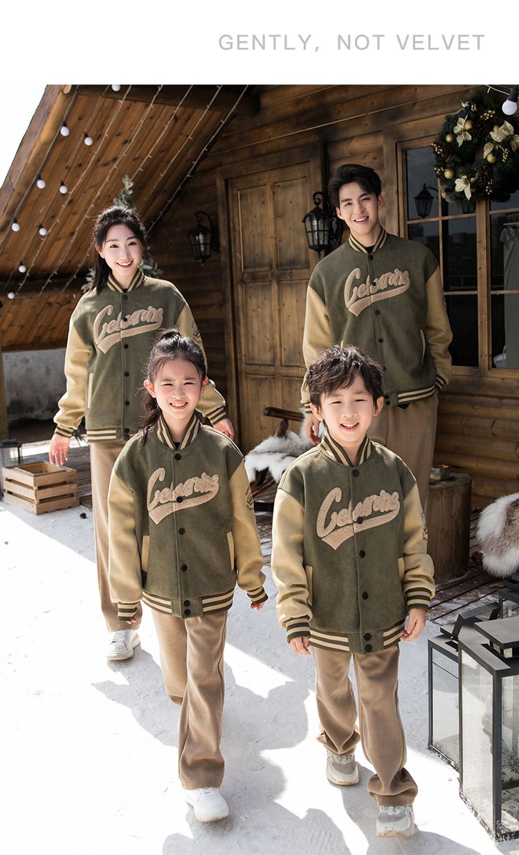 Neue Baseballjacken im Partnerlook für die ganze Familie – Winterfeste, wattierte Mäntel mit Wildlederfutter (Vater-Mutter-Kind-Set, Grün/Schwarz, Größen 100–140 cm & S–3XL)_voghion.com