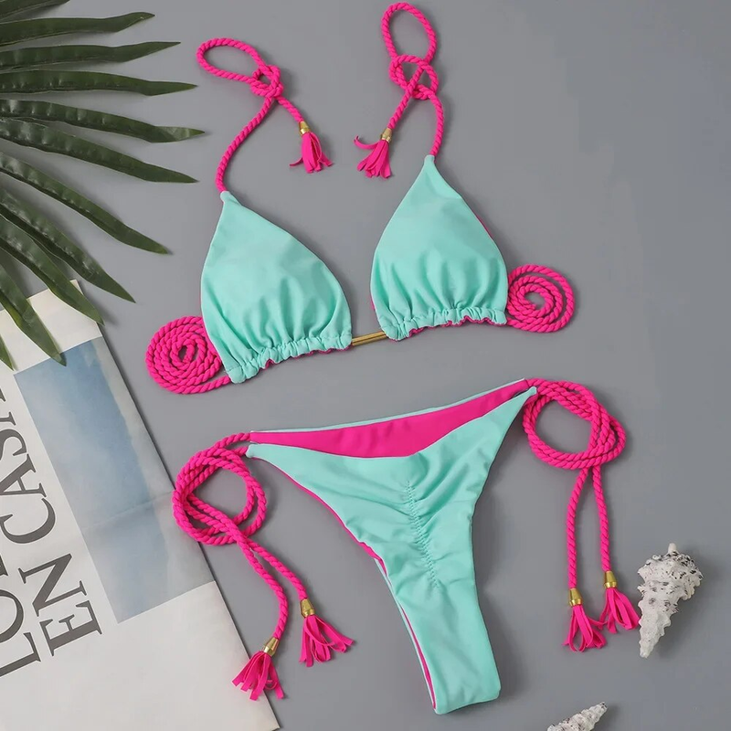 Swimwear Patchwork Thong Bikini Set Swimsuits Sexy Bikinis Triangle Bandage Female Clothing Beachwear Beach Vacation_voghion.com