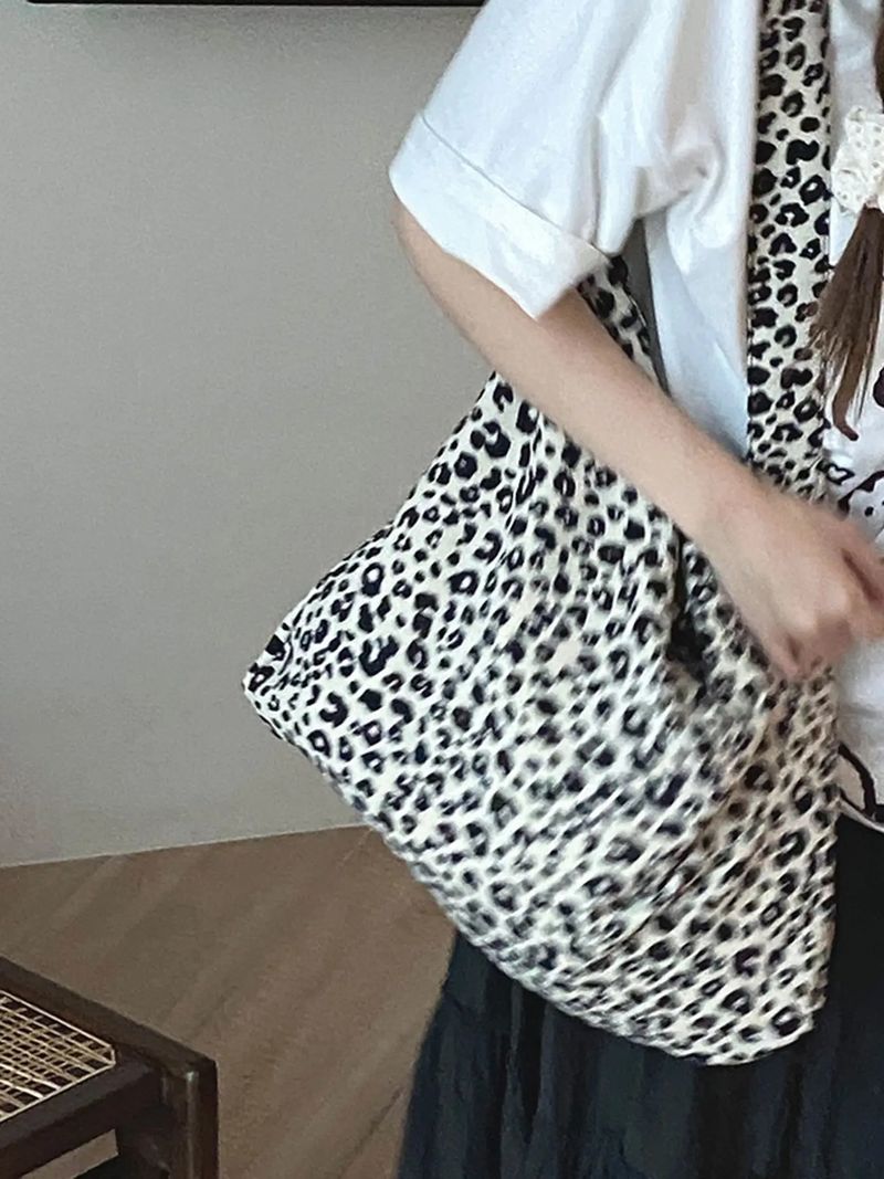 Women’s Bags Bag Same Style Leopard Print Canvas Bag Large Capacity Shoulder Bag Corduroy Shopping Bag Ins Style Star Model_voghion.com