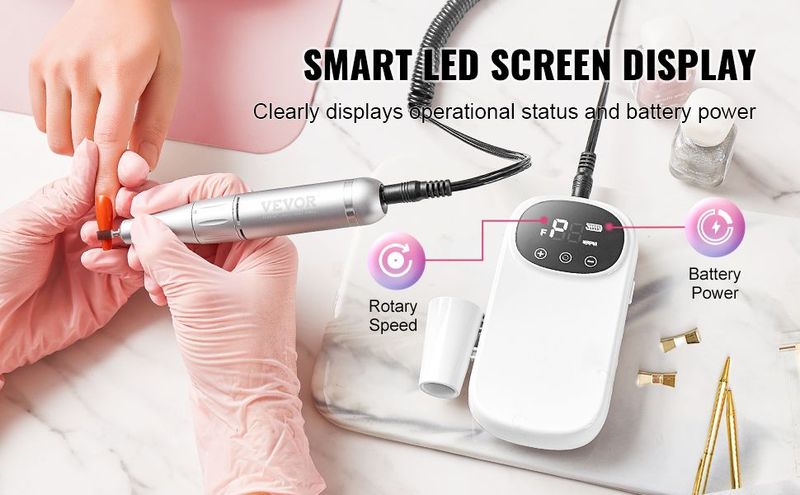 VEVOR Electric Rechargeable Nail Drill, 35,000RPM Portable Cordless Nail E File Machine, LCD-Display Acrylic Gel Grinder Tool With 6 Bits And 50PCS Sanding Bands For Manicure Pedicure Carve Polish_voghion.com