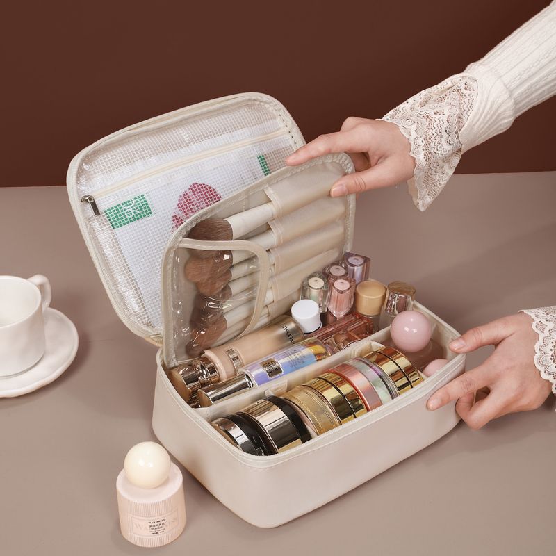 PU Waterproof Makeup With Compartments, Layered, Non-Collapsing, Large Capacity Storage For Women, Portable Toiletry Bag_voghion.com