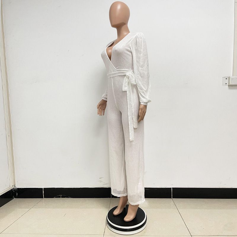 Damkläder Ins Style Deep V Mode Casual Jumpsuit Långärmat Bälte Paljett Jumpsuit Dam_voghion.com