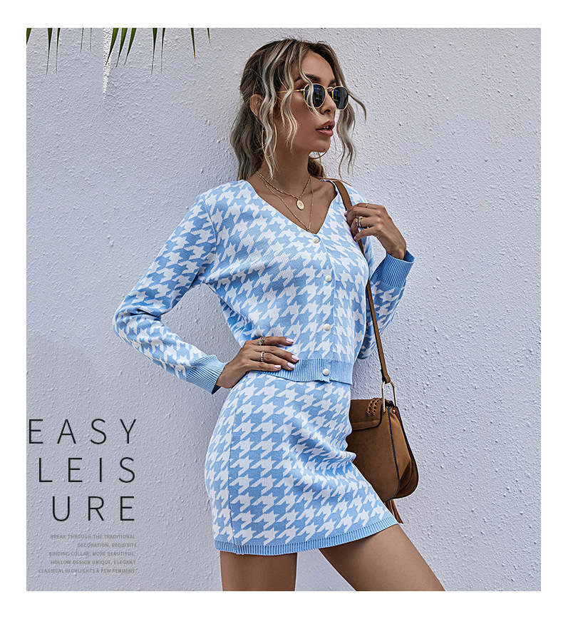 European and American fashion women's two-piece long-sleeved houndstooth skirt suit_voghion.com