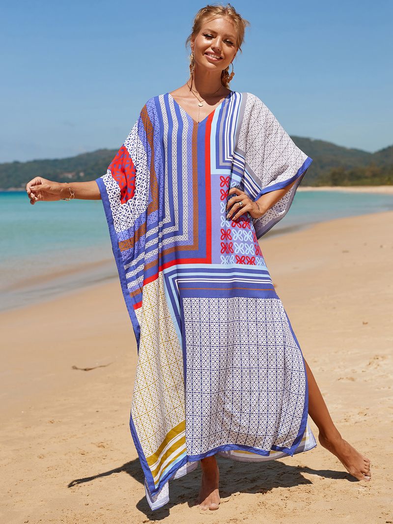 Strandkleid aus 100 % Baumwolle für Damen – Sonnenshirt mit Boho-Print, locker sitzende Bademode, Langarm-Tunika für den Urlaub am Pool_voghion.com