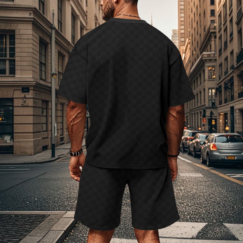 2024 Men's Summer New Jacquard Plaid Short Sleeved T-shirt Loose Oversized Straight Leg Casual Shorts Set_voghion.com