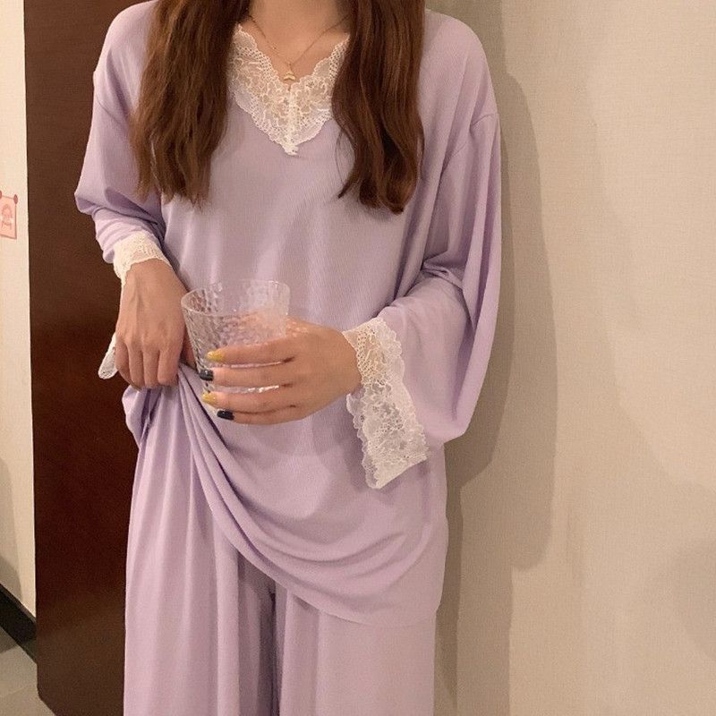 Pigiama casual e comodo in seta ghiacciata da donna, estivo e autunnale, nuovo set di due pezzi in pizzo con pantaloni a maniche lunghe_voghion.com