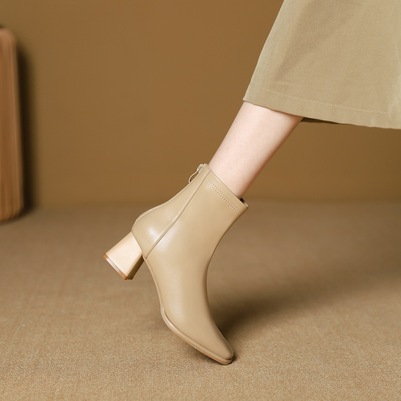 High Heel Square Head Short Boots New Style Square Head Back Zipper Short Boots Thick Heel Boots Spring and Autumn_voghion.com
