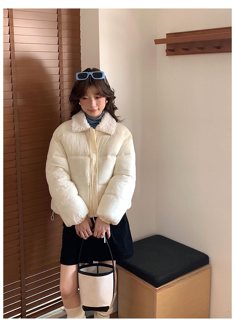 Cropped Sherpa-Lined Puffer Jacket – Korean Streetwear Belted Coat (4 Soft-Toned Colors, Lightweight Quilted Polyester)_voghion.com