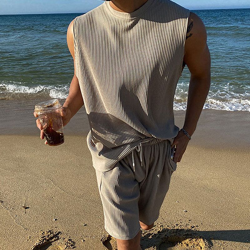 Summer Cool Ice Silk Vest Pants Solid Color Fashion Men's Plus Size Sleeveless Top And Shorts Two-Piece Set For Men_voghion.com