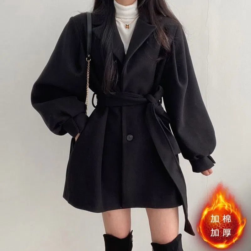 2025 Herbst-Winter-Anzugmantel mit Krawattenkragen, Taillengürtel, Laternenärmeln, zierliche Wolljacke für Damen_voghion.com