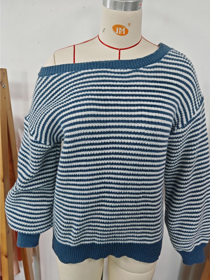 Maglione da donna in maglia con spalle scoperte, righe a blocchi di colore e maniche a lanterna – Vestibilità comoda e ampia per autunno e inverno_voghion.com