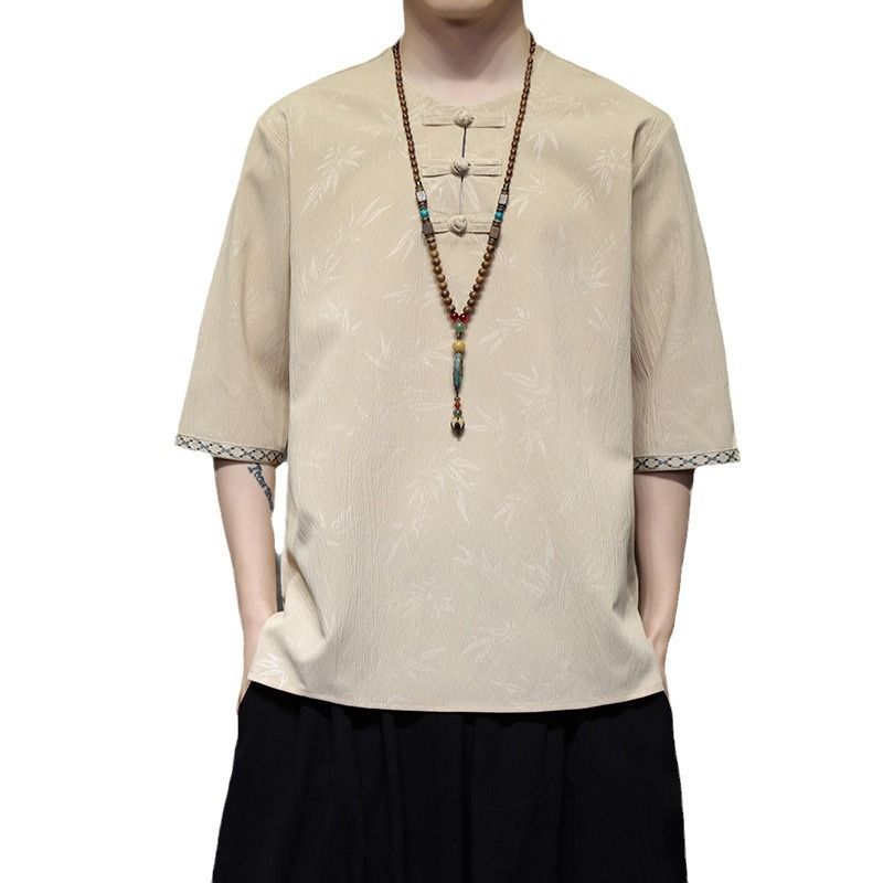 Sommermode im chinesischen Stil, Rundhalsausschnitt, Pan-Knopf, mittellanges T-Shirt, lässig, schmale Passform, großes Hanfu-Tang-Kleid_voghion.com
