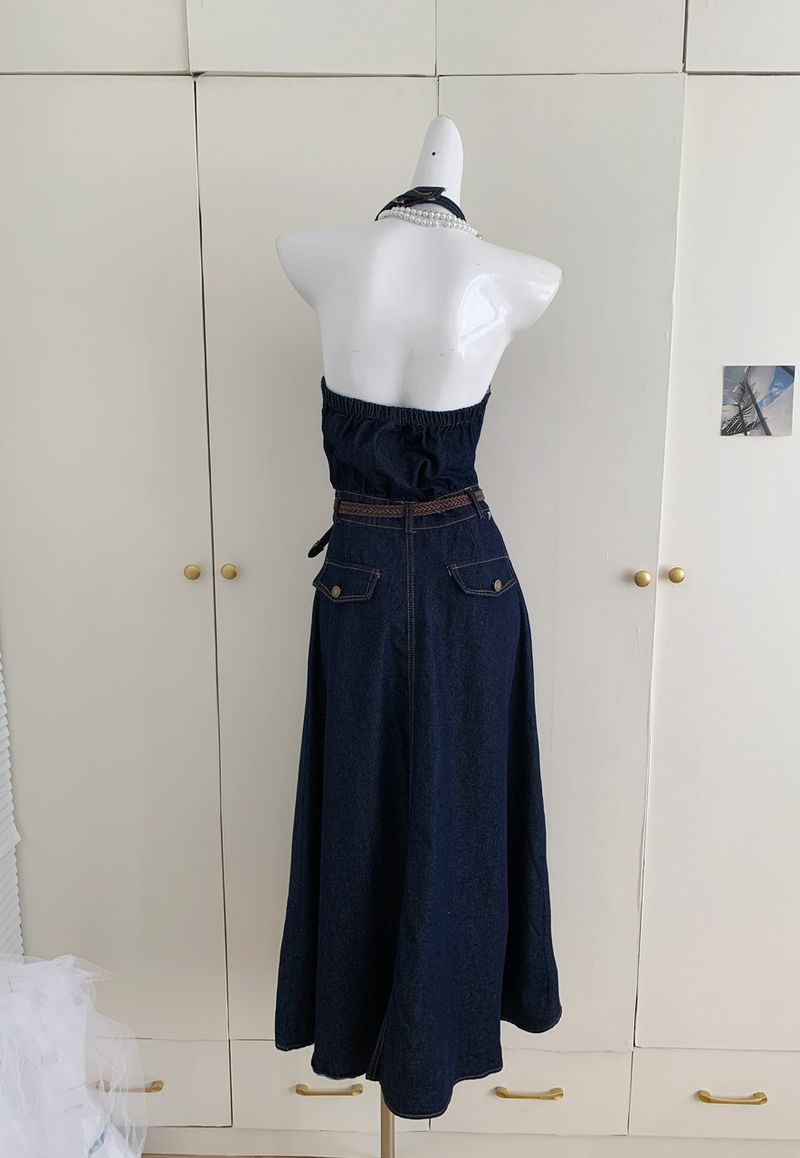 Hanging Neck Sleeveless Denim Dress, Women's Design Sense, Backless Vest, Long Skirt_voghion.com