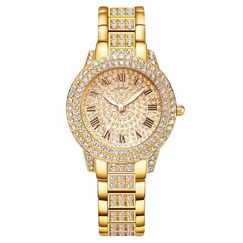 Coffret élégant de montres à chiffres romains pour femme avec cristaux, coffret cadeau deux pièces, bracelet en acier inoxydable, mouvement à quartz, résistant à l'eau_voghion.com