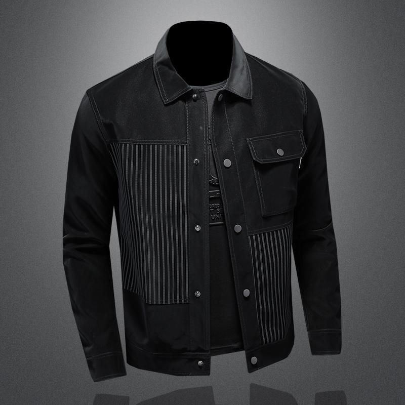 Herrenbekleidung, gestreifte Patchwork-Jeansjacke im Nine-Level-Stil_voghion.com