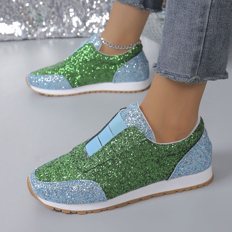 Women's single shoes sequin rhinestones elastic casual single shoes thick soled round head single shoes_voghion.com