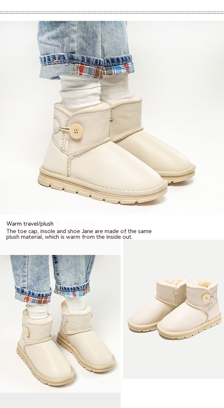 Bottes de neige imperméables en cuir de vache pour enfants, courtes, chaudes, avec peluche et gros coton épais, pour filles, nouvelle collection hiver 2023_voghion.com