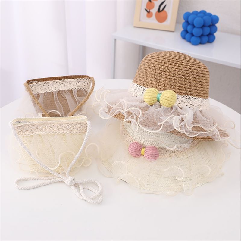 Set di borse di paglia per bambini, parasole per donne, protezione solare, cappello da spiaggia in rete, estivo da principessa_voghion.com
