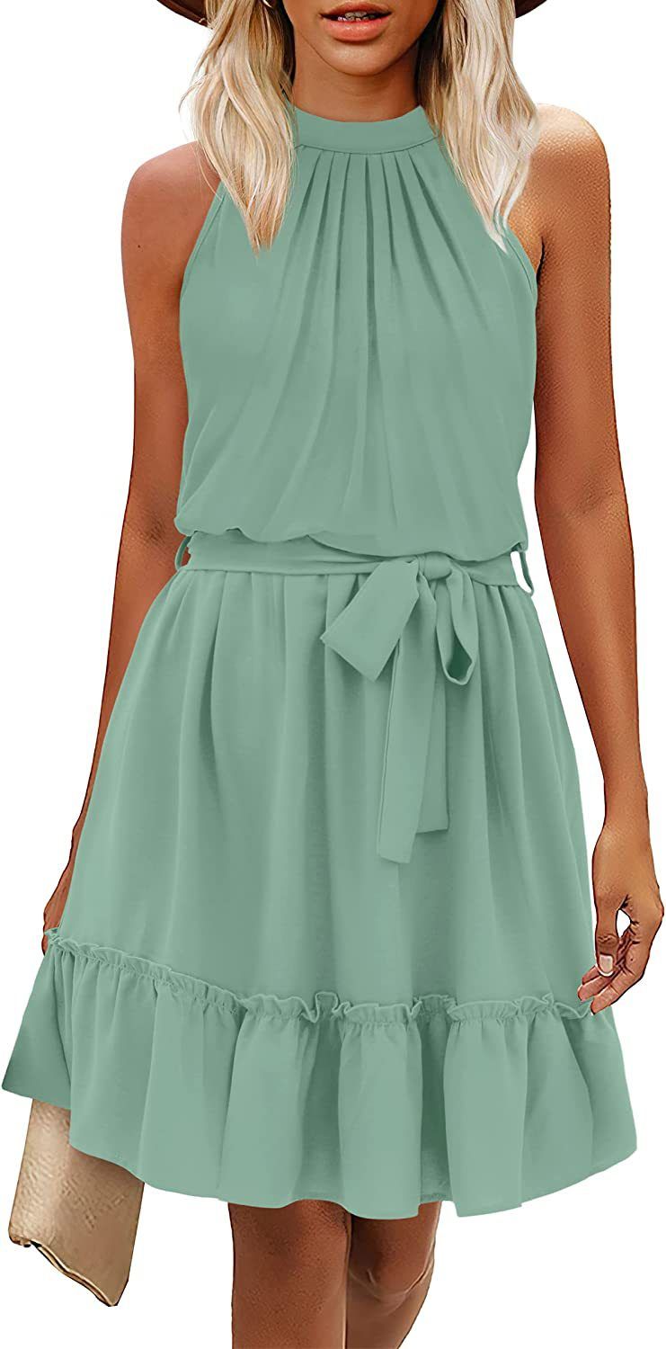 2023 Frühling und Sommer, A-Linien-Rock, Neckholder, florales Schnür-Tunika-Kleid mit offenem Rücken_voghion.com