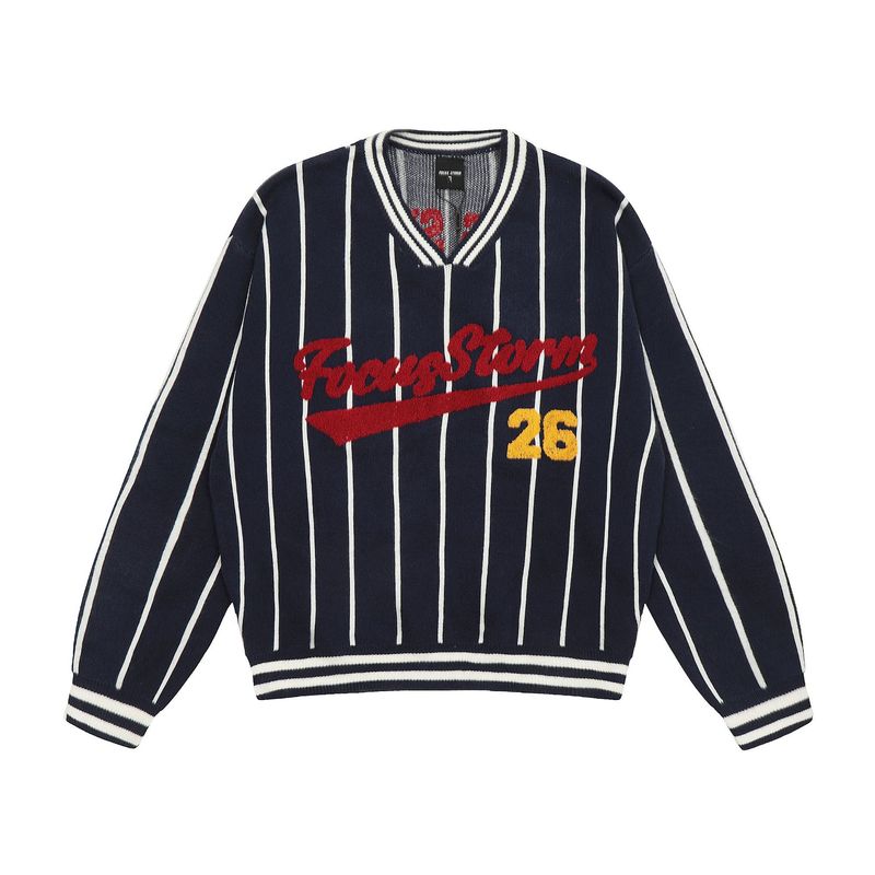 American Trendy Brand Flocking Embroidery Contrast Color Vertical Stripes V-Neck Men's Loose Lazy Sports Style Knitted_voghion.com