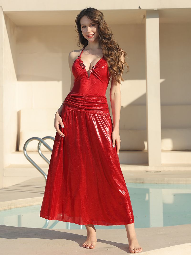 Costume da bagno intero lucido con scollo a V e cinturino con paillettes e strass, 2025, per donna_voghion.com