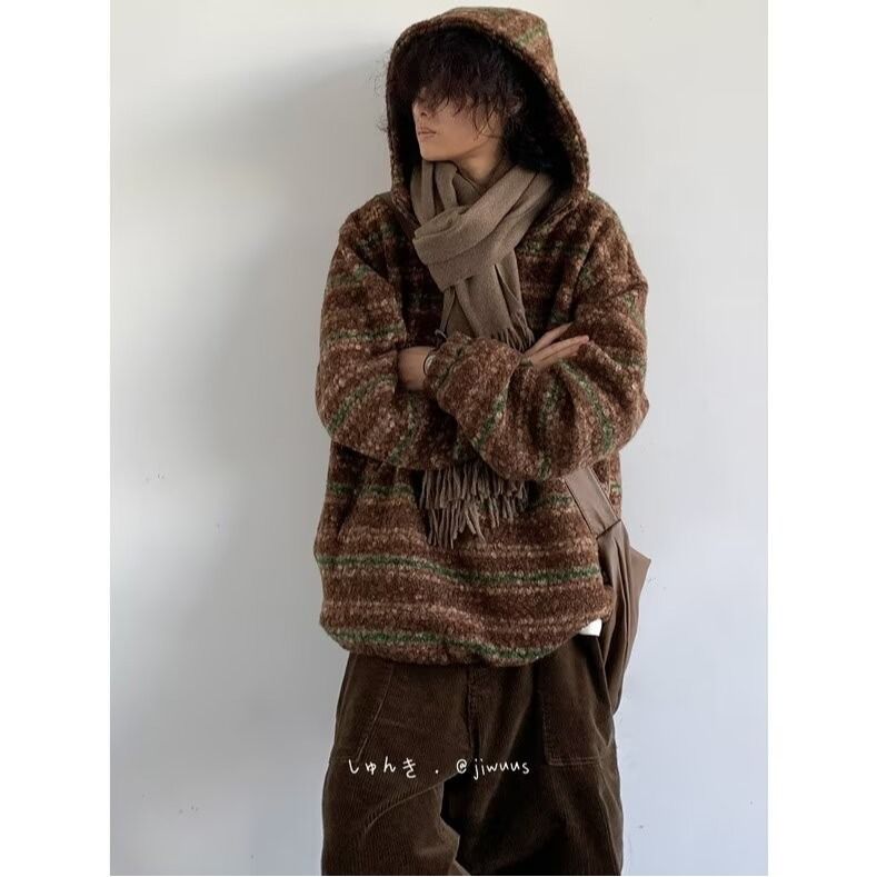 Giacca a righe di lana casual da uomo, con cappuccio spesso e pesante, autunnale_voghion.com