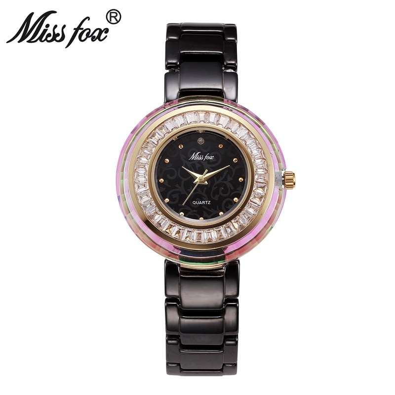 MISSFOX Fashion Trend Crystal Circle Simple Casual White Ceramic Ladies Watch_voghion.com