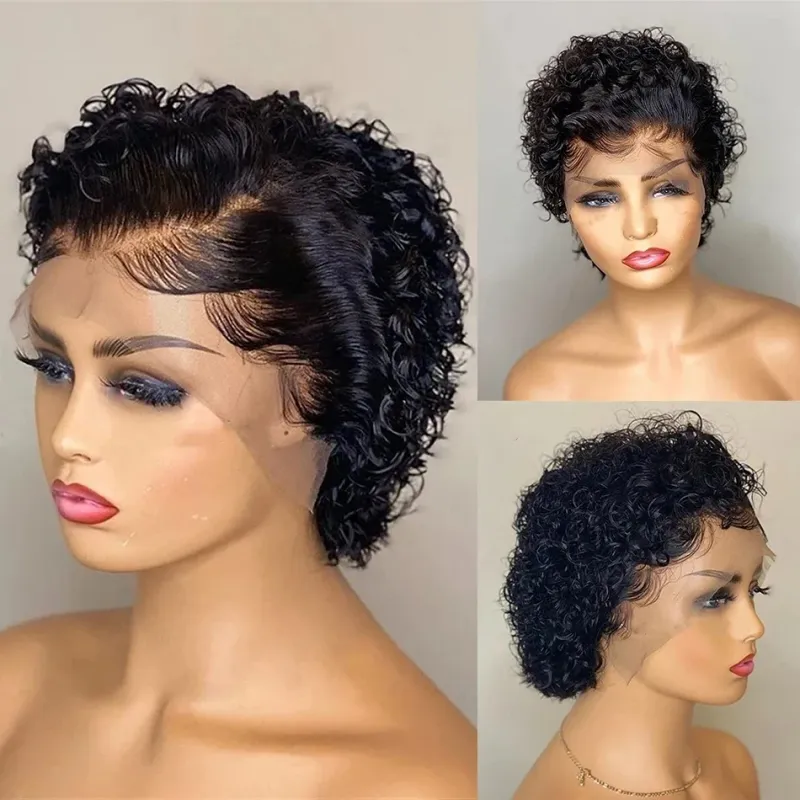 Djupvågig Pixie Cut Lace Frontal Peruk Kort Bob Remy Äkta Hår Preplucked_voghion.com