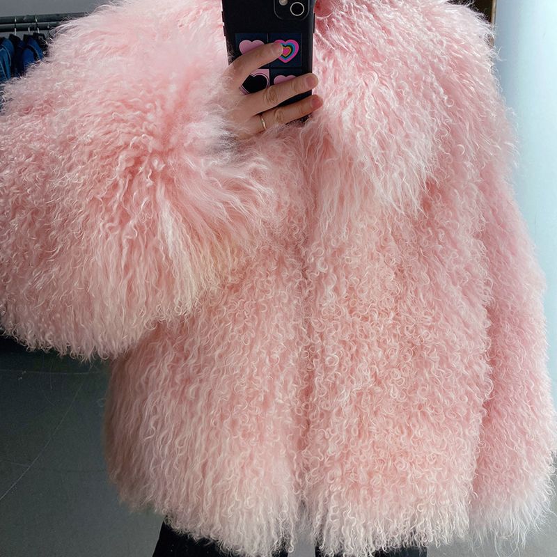 Damenbekleidung Luxuriöser Shearling-Pelzmantel Damenmode Kurze Jacke mit Reverskragen und natürlichem Shearling-Besatz_voghion.com
