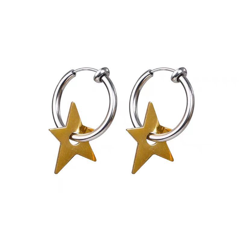 Nuovi orecchini in acciaio al titanio con stella a cinque punte in oro e argento, alla moda e versatili, stile freddo, orecchini con personalità da uomo e da donna, clip per le orecchie_voghion.com