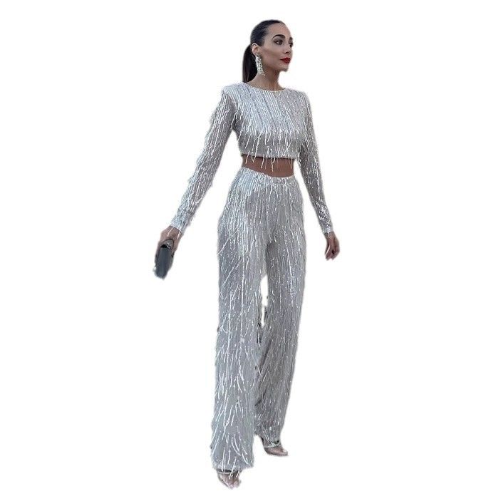 Pantaloni a gamba larga con nappe e paillettes da donna, abito da festa_voghion.com