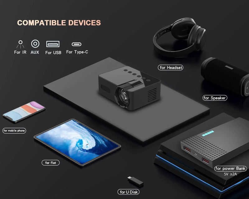 YT100 Wireless Mobile Phone Mini Full HD Video Projector, Portable Outdoor Indoor Projector_voghion.com