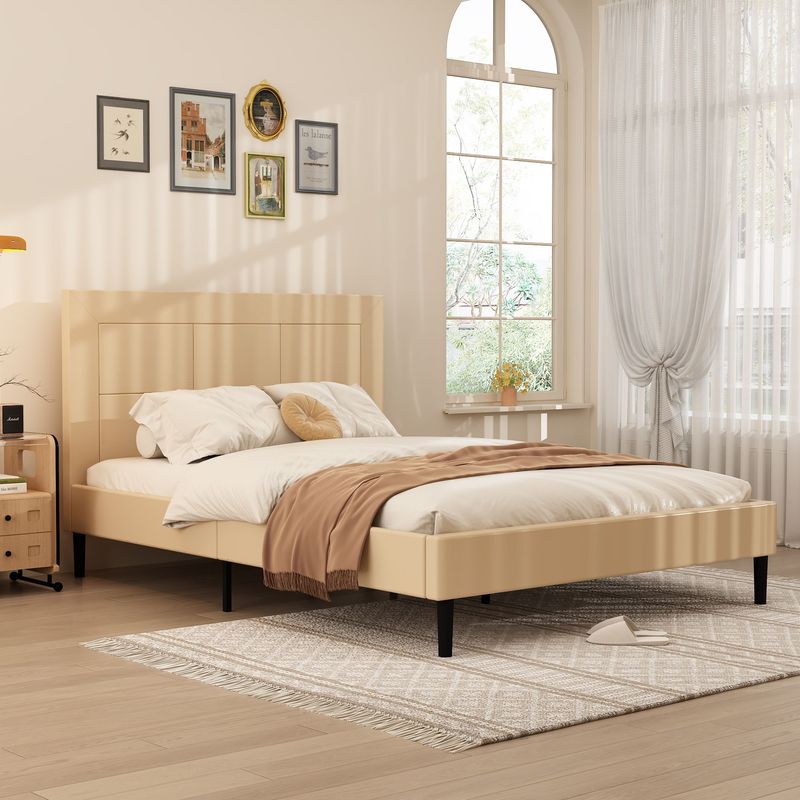 Queen Size Wood Slat Bed Frame 800 Lbs Capacity With PU Leather Headboard_voghion.com
