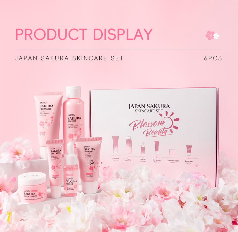 LAIKOU Sada péče o pleť s třešňovým květem, šestidílná sada, čisticí esence, oční krém, pleťový krém, tonikum, opalovací krém_voghion.com