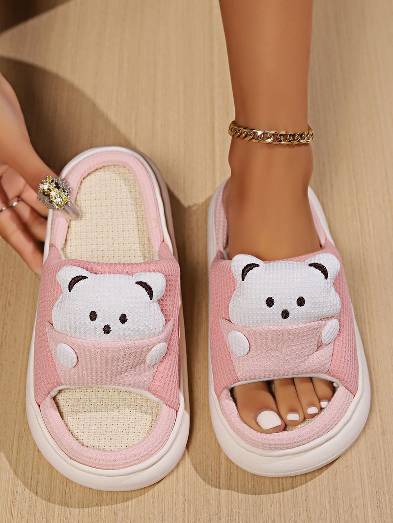 Cartoon bear indoor shit-feeling linen slippers non-slip and odor-proof flip-flops for the home_voghion.com