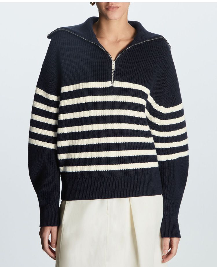 Lapel Striped Sweater Women's Pullover Zipper Knitted Sweater Women's_voghion.com