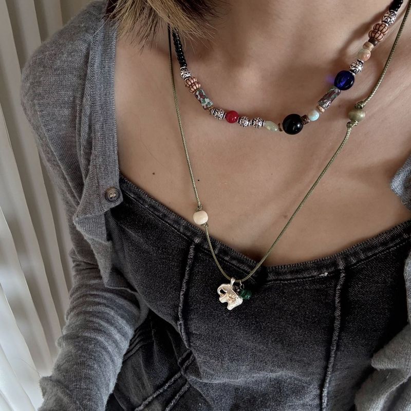 Elephant Pendant Necklace Female Hand-woven Colored Natural Stone Neck Chain Light Luxury Niche New Chinese Beaded Sweater Chain_voghion.com