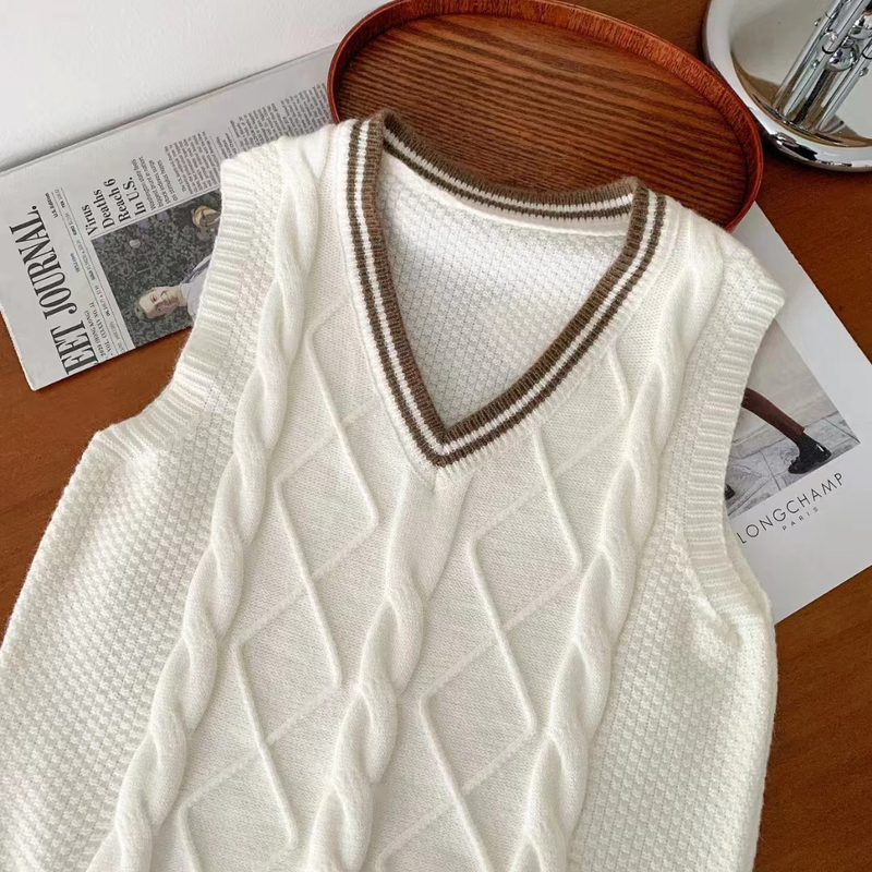 Couleur contrastée, col polyvalent, gilet tricoté à torsion de pâte frite, printemps et automne, version coréenne, vêtements superposés, gilet, pull et gilet_voghion.com