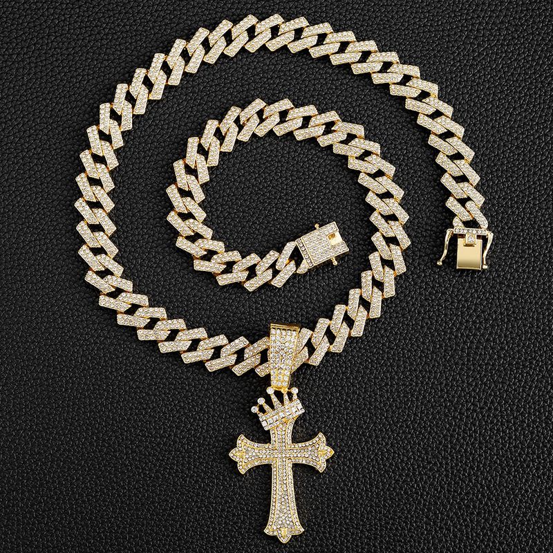 Halskette mit Kronen-Kreuz-Anhänger aus Diamanten, Diamant-Halskette aus Legierung für Männer und Frauen, kubanische Kette in Diamantform_voghion.com