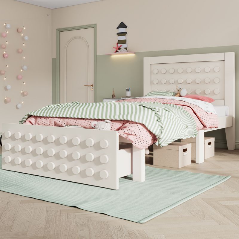 Holzbett 90x190cm Mit Blockdesign, Massivholz, Schubladen, Stauraum, Blanc_voghion.com