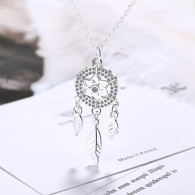 S925 Sterling Sølv Drømmefanger Halskæde til Kvinder Enkel Udskåret Zirkon Halskæde Vedhæng Halskæde Ferie Smykker Gave_voghion.com