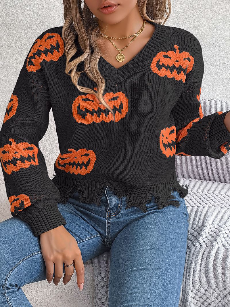 Autumn Winter Halloween Color-Block Pumpkin Cut Long Sleeve Pullover Sweater Women's Fashion_voghion.com