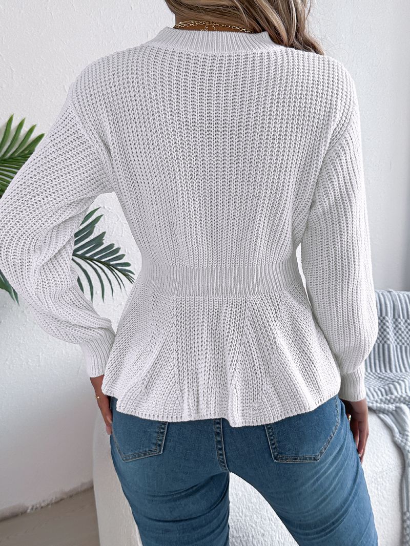 Autumn Winter Solid Color Cable Knit Waist-Cinching Ruffled Long Sleeve Pullover Sweater Women's Fashion_voghion.com