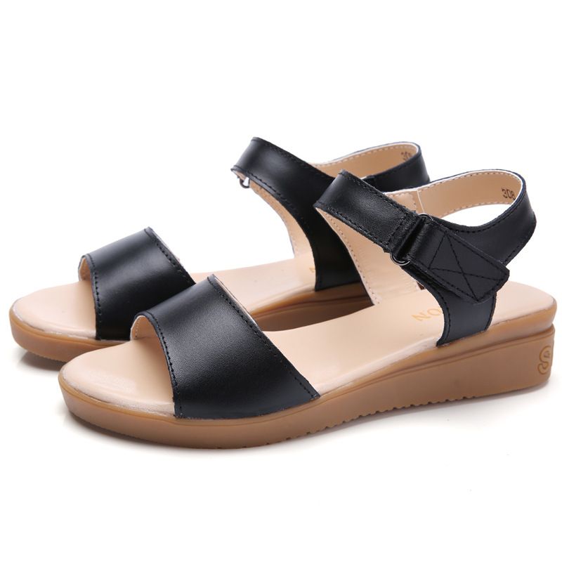Summer Cowhide Wedge Women's Korean Fashion Velcro Beach Sandals, One-piece Mid Heeled Mom Sandals_voghion.com
