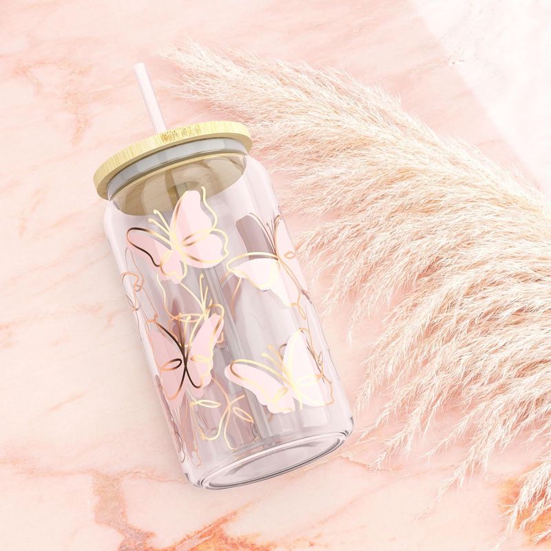 Moderner, minimalistischer Glasbecher mit Bambusdeckel – 16 oz Borosilikat-Schmetterlingsdesign, auslaufsicher und umweltfreundlich (Eiskaffee/Tee/Schaumgetränk)_voghion.com