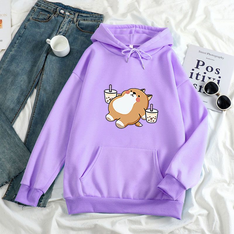 2021 Herbst Winter Neue Lose Damenbekleidung Ästhetische Darstellung Shiba Inu Trinkmilchtee Kapuzenpullover_voghion.com