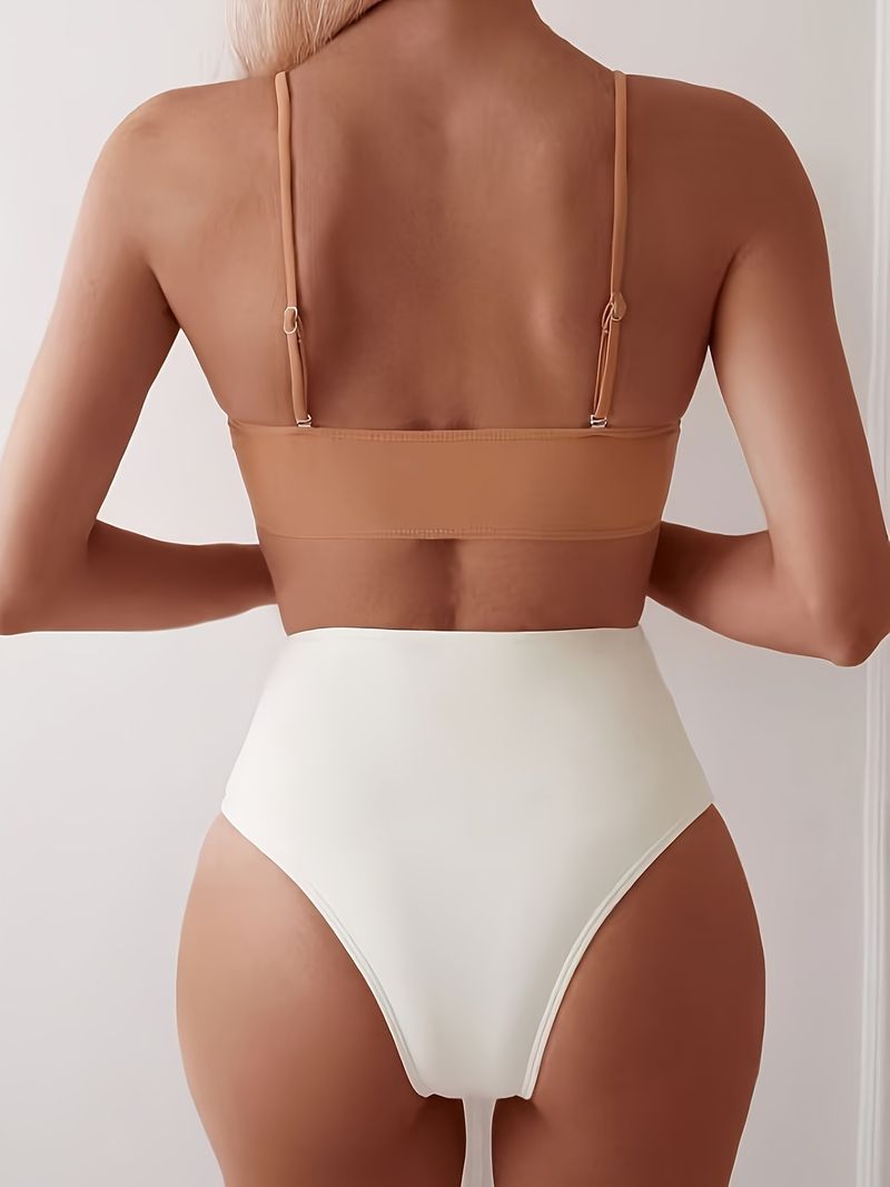 Ensemble bikini taille haute sexy – Blocs de couleurs tendance et détails boutonnés, rembourrage push-up confortable, maillot de bain en nylon pour femme (S/M/L/XL)_voghion.com