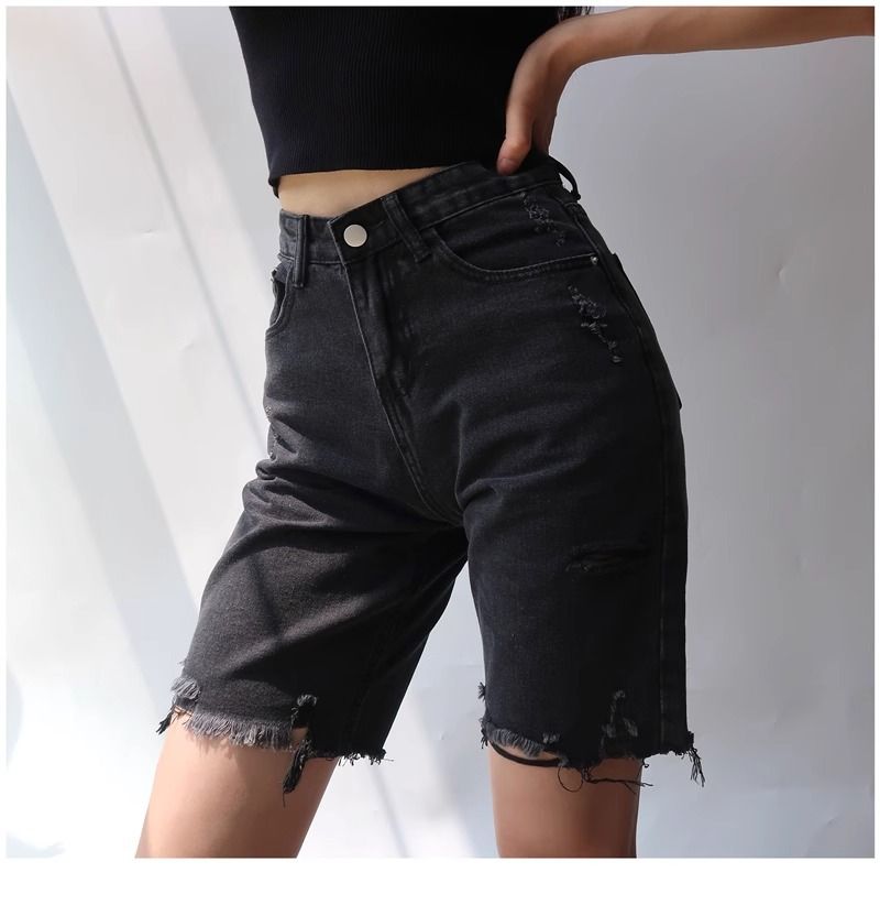 Damenbekleidung Zerrissene Jeans-Shorts Hohe Taille Schwarze lockere mittellange Hose Gerade Fünf-Punkt-Hose_voghion.com