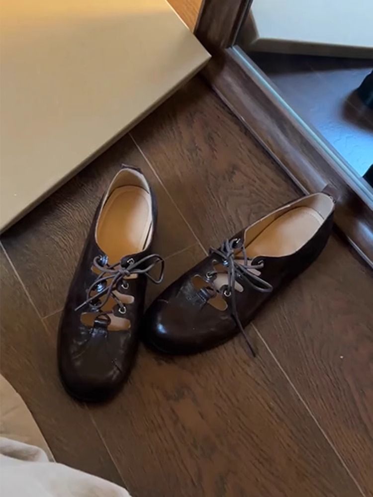 Lancui Damen Mary Jane Flache Schuhe mit flachem Mund und Schnürung im britischen Stil mit niedrigem Absatz und runder Zehenpartie_voghion.com