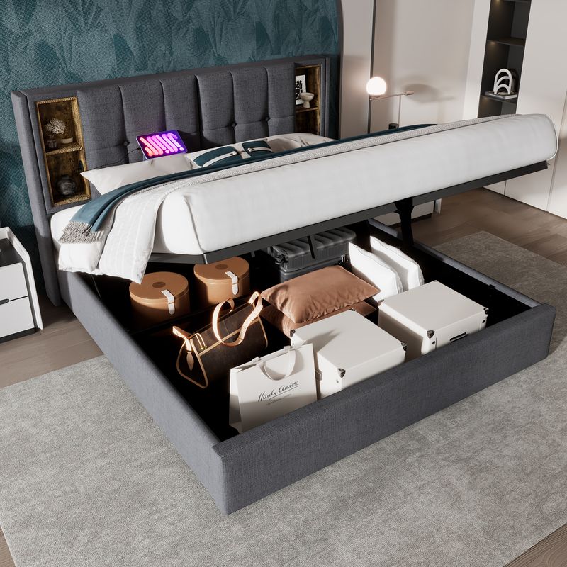 Double avec câble de chargement et USB-C, tissu 140 x 200 cm, support avec support, bois de roseau, gris, tapis inclus_voghion.com